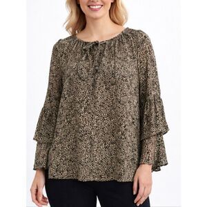 Anama black and white vine floral print chiffon bell sleeve blouse M